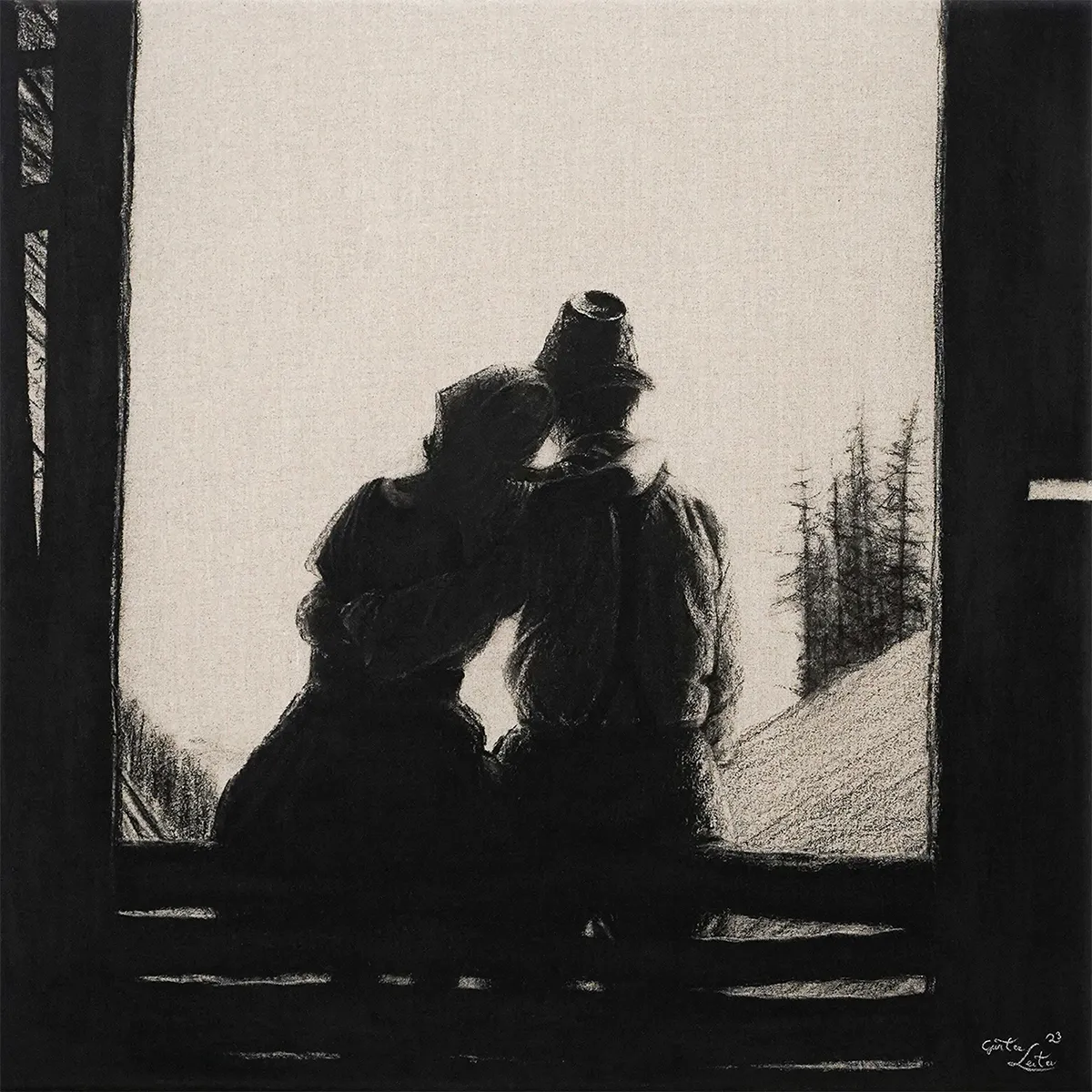 „Zweisamkeit" – Kohle auf Leinen, 60 x 60 cm, 2023