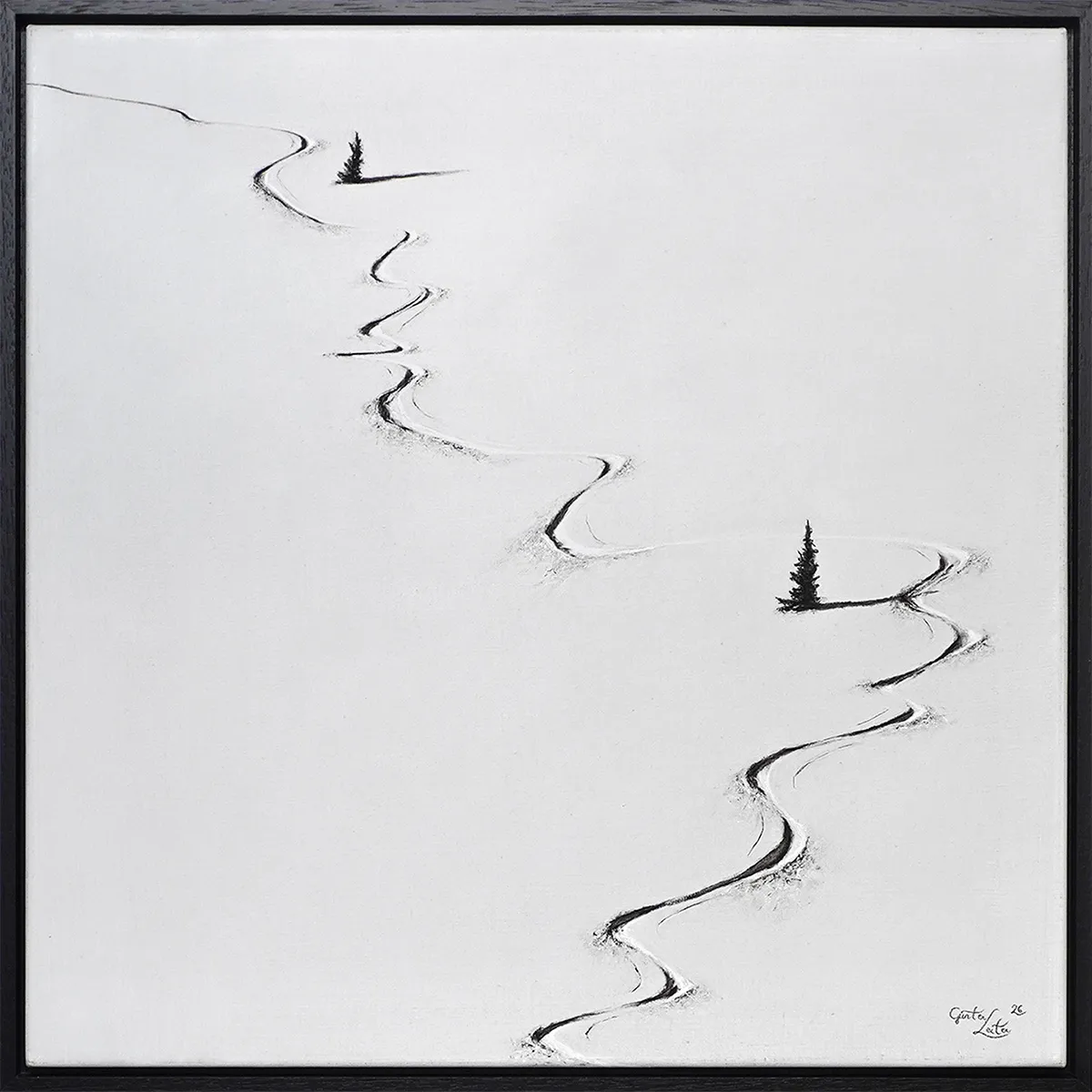 „Zwischen den Bäumen" – Kohle auf Leinen, 60 x 60 cm, 2026